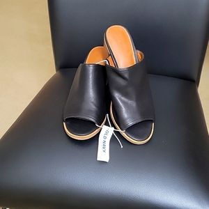 Black stacked heel open toe sandals